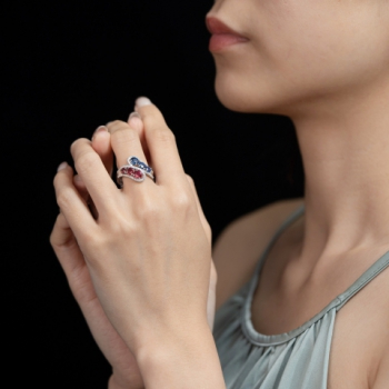 14K白金 藍寶及紅寶鑽石戒指